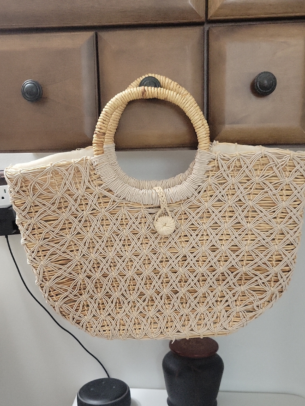 Woven Straw Circle-Handle Tote Bag in Natural